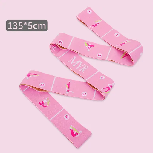 Pink Instructional Yoga Stretch Strap with Embroidered Pose Guide - 11-Loop Flexibility Band
