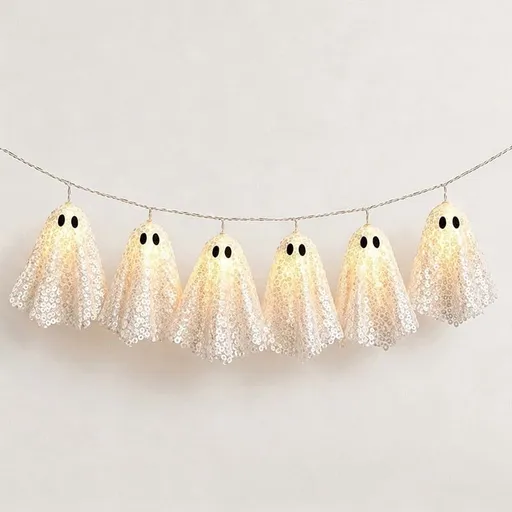 Halloween Sequin Ghost Ornament, Hollween Ghosts Banners, LED Light up Ghost Decor, Spook Ghosts Garland Hanging Decoration for Halloween Fireplace Party Yard Tree Decor
