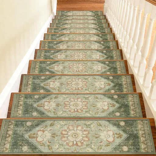 4 Pcs Green Vintage Floral Non Slip Stair Treads, Adhesive Carpet Runners for Wooden Steps Pets and Seniors, 8 x 30 in