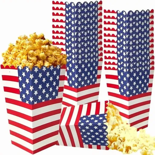 48 Count Patriotic Popcorn Boxes, Stars Stripes American Flag Design, 4th of July Party Supplies Red White Blue Classic Disposable Paper Containers