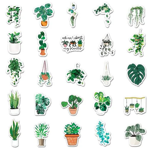 Green Plant Stickers for Water Bottles,Kids 50Pcs Green Flowerpot Plants Waterproof Vinyl Decals,Luggage Refrigerator Computer