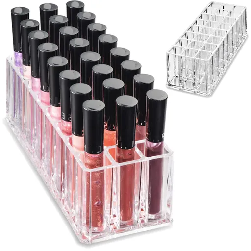 Beauty Makeup Holder | 24 Space Organization Container Storage For Tall Lip Gloss / Lipstick Products - Clear