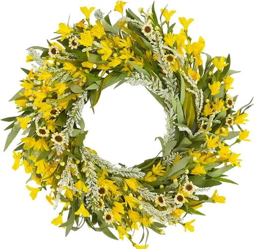 24 Inch Spring Yellow Forsythia Flower Wreath for Front Door, All Season Door Decor Wreath with Yellow Sunflower Greenery Leaves for Indoor Outdoor, Floral Wreaths for Doors Windows Walls