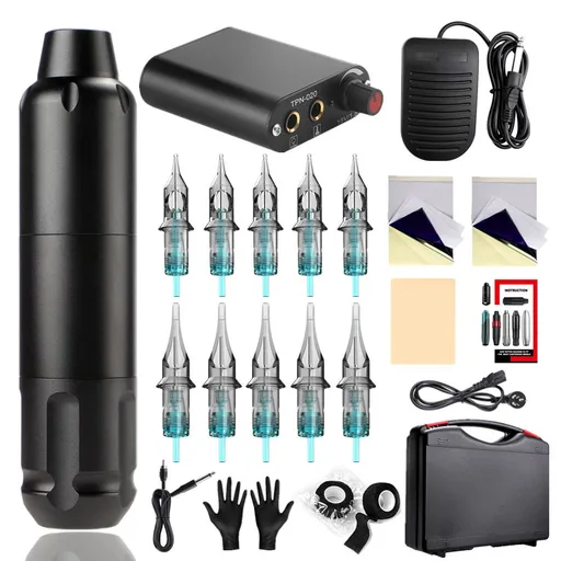 Wireless Tattoo Kit Complete 10 Piece Tattoo Cartridge Needles Battery Mini Power Supply Practice Leather Anti Slip Handle Bandage