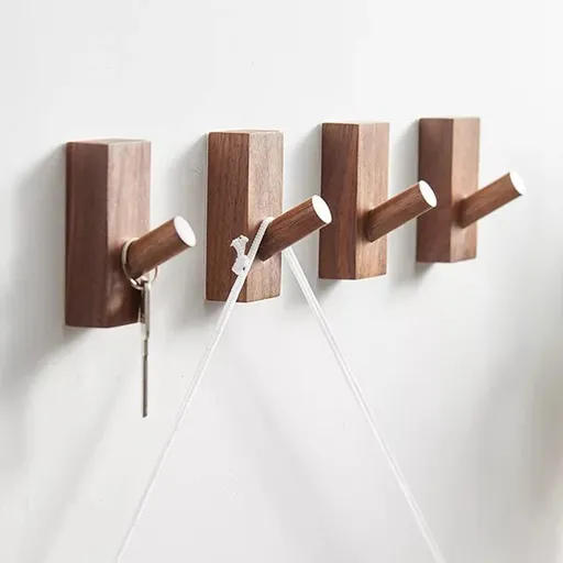 4Pack Adhesive Wall Hooks Hat Rack, Wooden Coat Hooks Wall Mounted, Decorative Hooks Single Organizer Hat Hanger Towel Rack, Heavy Duty Hooks (black walnut)