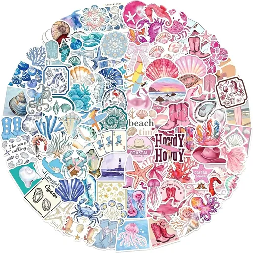 100Pcs Pink&Blue Coastal Girls Aesthetic Stickers,Cool Ocean Beach Summer Waterproof Stickers for Water Bottle Laptop Scrapbook Journal,Cute Marine Animal,Shell,Sea Life Decals