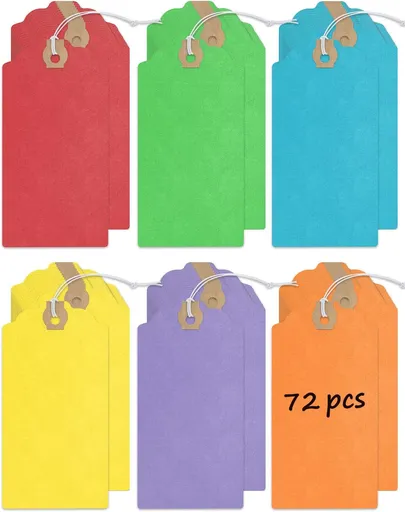 72 Pcs Blank Shipping Tags with Elastic String Attached Cardstock Paper Hang Tags with Reinforced Eyelet Large Marking Price Tag Inventory Label Tag, Rainbow Colors (4.7" x 2 3/8")