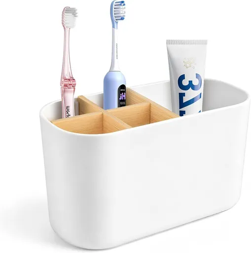 5 Slot Electric Toothbrush Holder with Toothpaste Organizer, Detachable Bathroom Countertop Storage Stand for Manual and Electric Toothbrushes, White