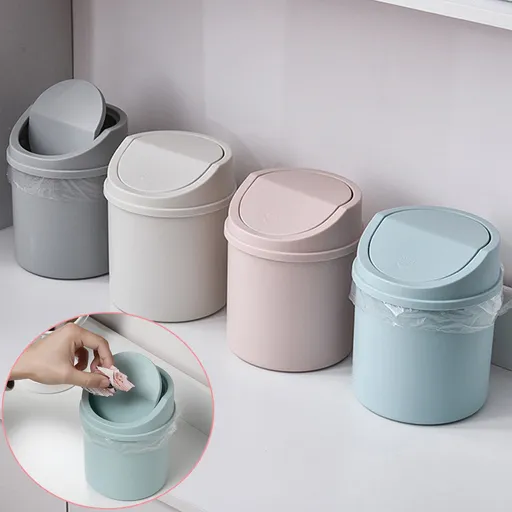 Desktop Mini Cute Trash Can with Swing Lid, Space Saving PP Plastic Cylindrical Tiny Garbage Can, Size: 6.69" x 5.12 Grey