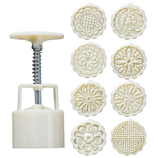White DIY Mooncake Mold Set with 8 Interchangeable Flower Plates, Hand Press for Mid-Autumn Festival (1 set)