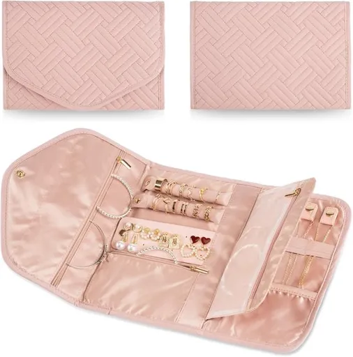Storage Bag - Travel Jewelry Storage Bag - Tangle-Free - Foldable - Small Jewelry Roll - Luggage Accessory - For Necklaces, Earrings, Rings, Bracelets, Watches - Pink