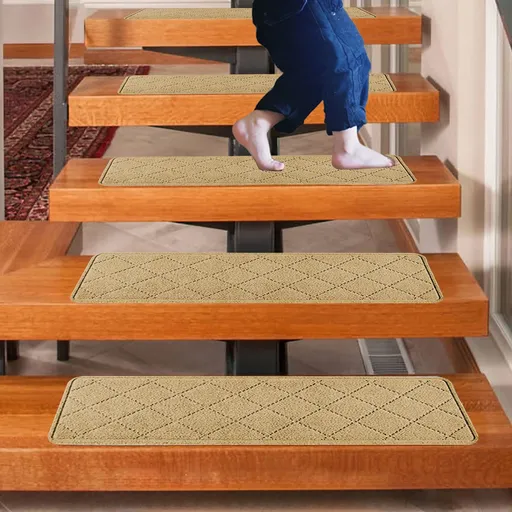 4-Piece Non-Slip Stair Treads, Self-Adhesive Striped Carpet Mats, Absorbent & Quiet Step Pads, Can Be Cut to Fit, Washable for Indoor Staircase Safety\u200b\u200b Beige
