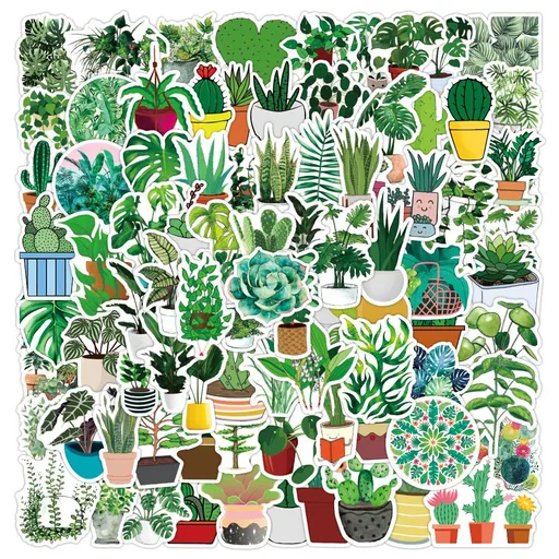 100Pcs Vivid Natural Green Plant Stickers Pack-Potted Plant Floral Aesthetic Decals for Hydroflask,Water Bottles,Scrapbook Laptops