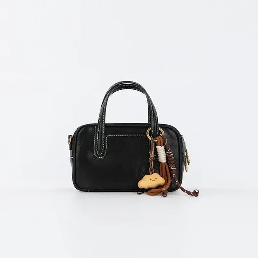 Mini Size Black Vintage Genuine Split Leather Bowling Bag for Women - Retro Top Handle Satchel & Crossbody Purse