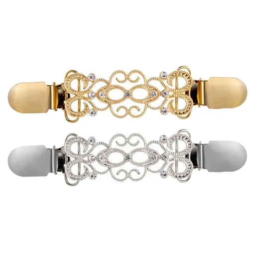 2pcs Fashion Alloy Sweater Clips with Rhinestones Creative Cardigan Clip Scarf Buckle for Women (Golden+Silver)