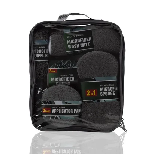 9-Piece Grey Car cleaning kit - Microfibre Wash Mitt, Sponge, Wheel Brush, Waxing Pads & Towels - Complete Auto Detailing Set for Home & Garage Use