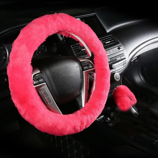 2 Pcs Car Steering Wheel Cover with Fluffy Gear Shift Cover Soft Warm Non-Slip Car Decoration for Women Girls (Pink)