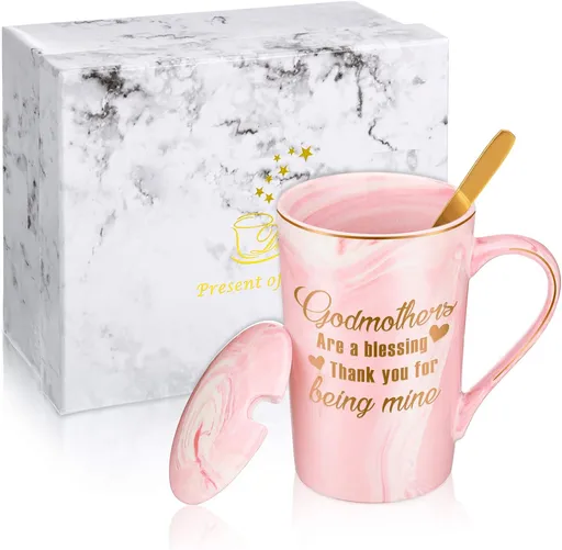 Godmothers Marble Coffee Mug, Godmother Gifts From Godchild, Godmother's Gift for Birthday Mother's Day Christmas, Godmother Proposal Gifts Marble Mug with Spoon Lid and Gift Box, 14 Oz