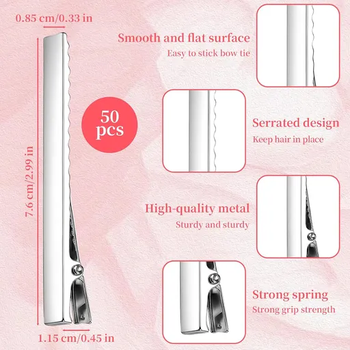 50Pcs Duckbill Hair Clips for Women - 3'' Metal Alligator Hair Clips - Metal Alligator Curl Clip for Hair Styling Coloring Bow Making Hairdresser - Large Plain DIY Clip Supplies for Crafts, Silver