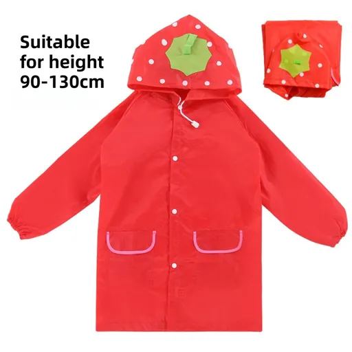 Red Strawberry Kids Cartoon Animal Raincoat - Waterproof Hooded Rain Poncho for Toddlers & Students (90-130CM Height)
