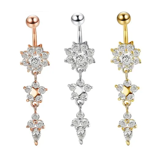 Cute Flower Belly Button Rings Paw Surgical Stainless Steel Dangle Navel Barbell Stud Cubic Zirconia Body Piercing (3pcs)