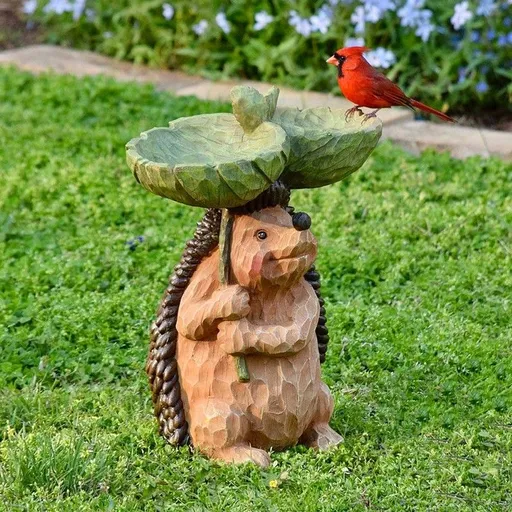 Resin Bird Bath Statue for Garden, Outdoor Decorative Bird Feeder & Water Fountain, Whimsical Yard Sculpture for Patio & Lawn(Hedgehog)