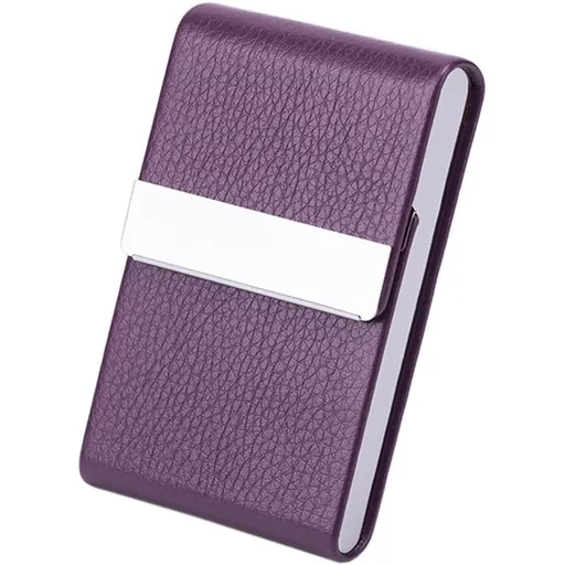 2 pack Business Card Holder, Slim PU Leather & Stainless Steel Business Card Case for Men & Women, Blocking Name Card Holder with Magnetic Closure, Purple