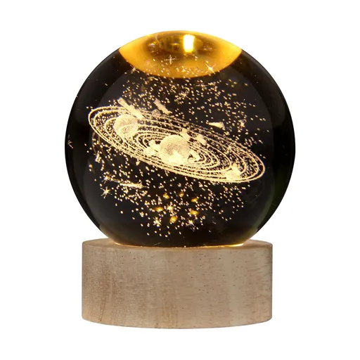 Crystal Ball Night Light 3D Engraved Design Small Warm Light Wooden Base