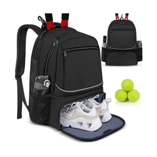 Large Capacity Tennis Backpack with Racquet Compartment, Shoe Pocket and Fence Hook for Training, Matches and Court Sessions, Water Resistant Sports Bag for Tennis Players (Black)