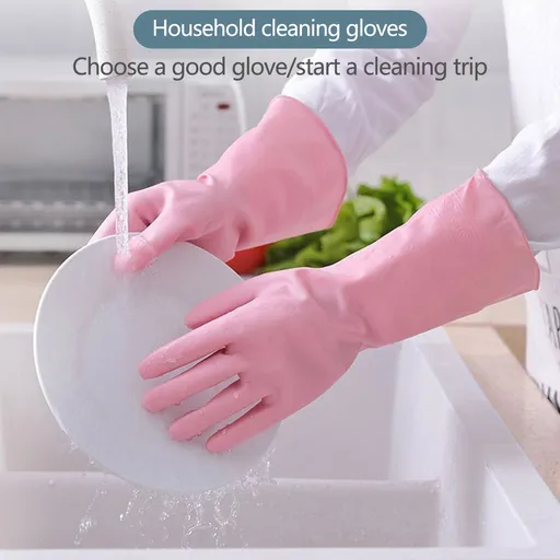 Reusable Household Dishwashing Cleaning Gloves, Food-Grade Natural Rubber with Non-Slip Textured Grip, Long Length for Hand and Arm, Pink, Size S
