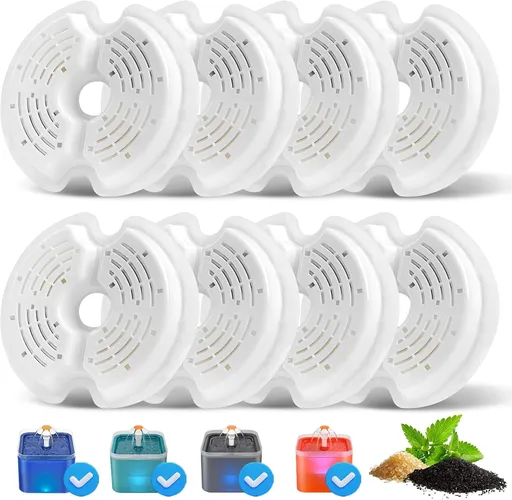 8 Pack Cat Water Fountain Filter Replacement, Quadruple Filtration Cat Fountain Filter for 67oz/2L Pet Dog Water Dispenser, Pet Fountain Filter Replacement