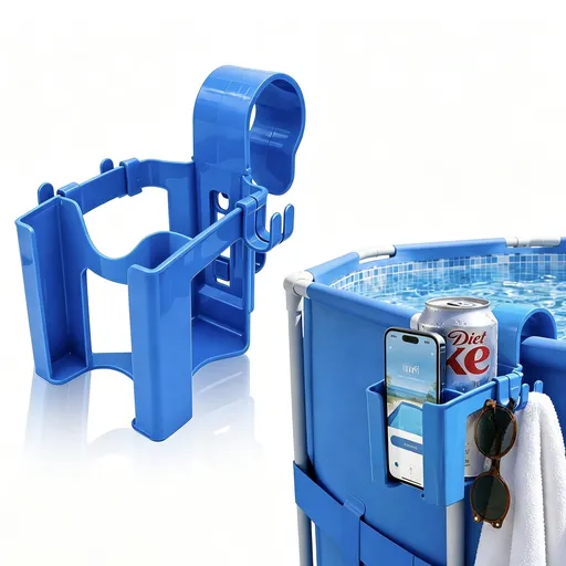 Blue Poolside Cup Holder with Drink & Phone Zone and Hooks - Detachable Pool Rail Organiser, Compact Poolside Storage Accessory