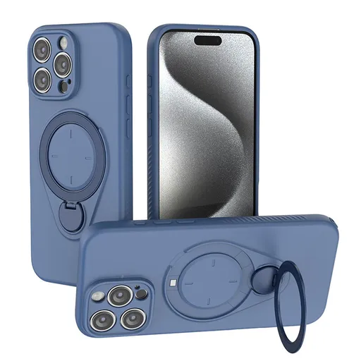 Magnetic Shockproof Case 360-Degree Rotating Ring Stand for iPhone 16 Pro Slim Protective Phone Cover Blue