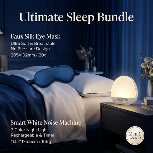 Nighttime Anxiety Relief & Relaxation Set - Blue Imitation Silk Sleep Eye Mask and Smart White Noise Night Light for Soothing Sleep, Nursing, and Stress Reduction