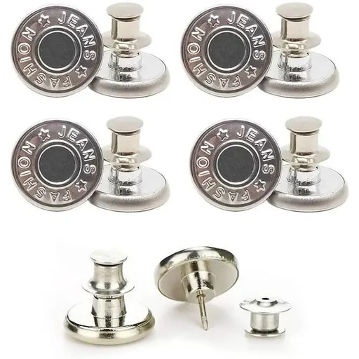 4 Piece Adjustable Jeans Button Pins, no sew reusable metal waist tighteners for loose pants dresses and skirts, Silver, 0.67 inches