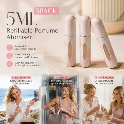 Blush Marble Print 5ml Portable Mini Perfume Atomiser, Easy Bottom Refill Holiday Fragrance Vessel 3 Pack, Marble Pink