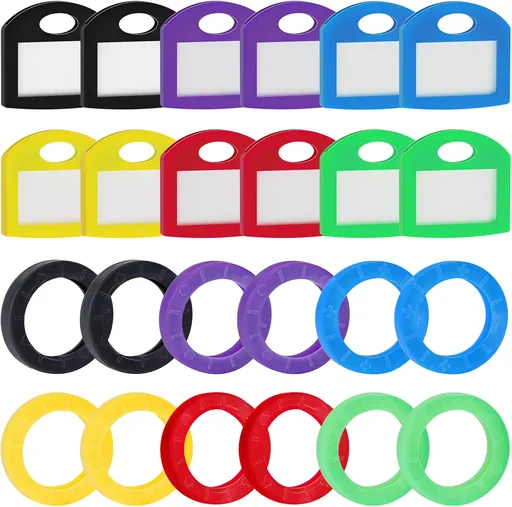 12 Pack Round Key Caps Covers and 12 Pack Key Cap Tags with Blank Paper Labels & Clear Windows Colorful Key Identifiers Protectors for Regular Flat House Keys (Not for Odd-Shaped Keys)
