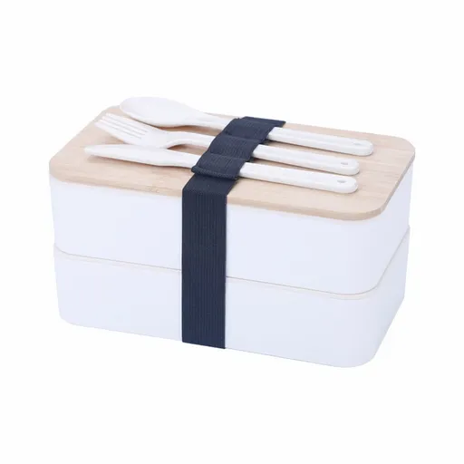 2-Layer Bento Lunch Box with Spoon and Fork, Divided Food Storage Container for Work, School, Travel and Everyday Meals, White