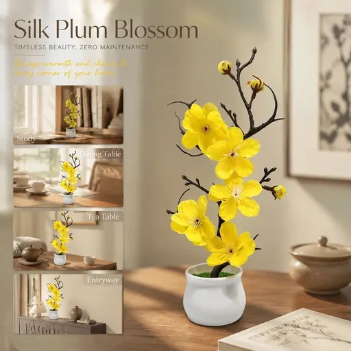 Soft Silk Wintersweet Jar Bonsai Table Decor Yellow
