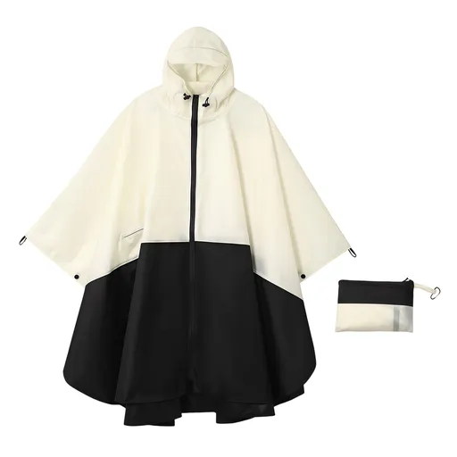 Black and White Hooded Rain Poncho with Full Front Zip - Lightweight Packable Rain Cape with Zipper Pocket and Storage Pouch for Hiking, Travel and Outdoor Activities
