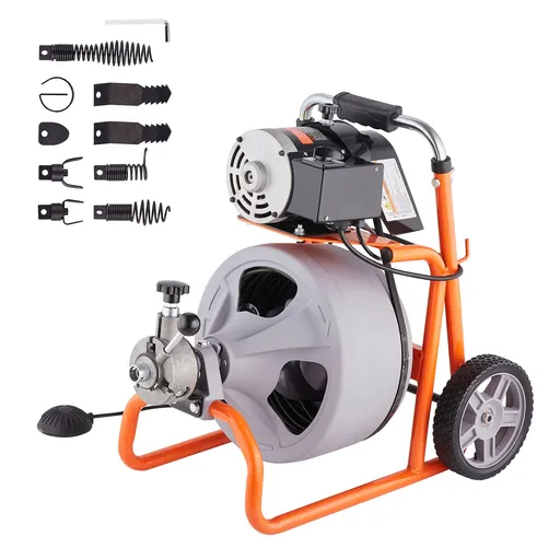 Drain Cleaner Machine 75FT x 3/8 Inch Auto Feed with Wheels & 8 Cutters