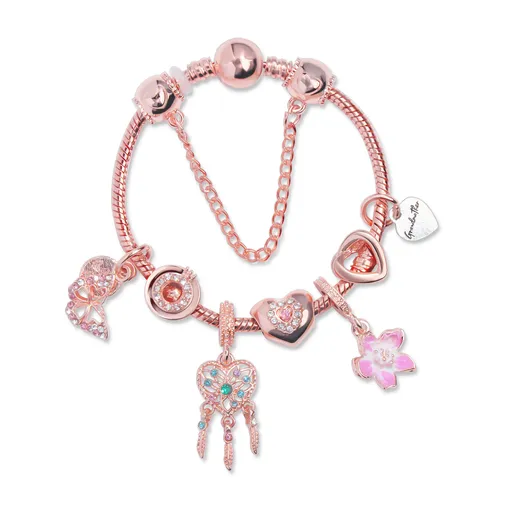 Rose Gold Bracelet with Dreamcatcher & Lily Pendant, Crystal Zircon Beads(18cm)