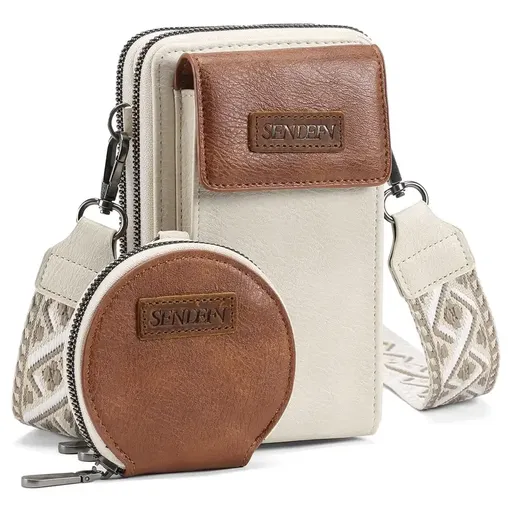 Vintage Distressed Women's Crossbody Phone Bag, 2-in-1 Dual Zipper Coin Purse, Fits 6.1" Phone, Ethnic Wide Shoulder Strap(WHITE)