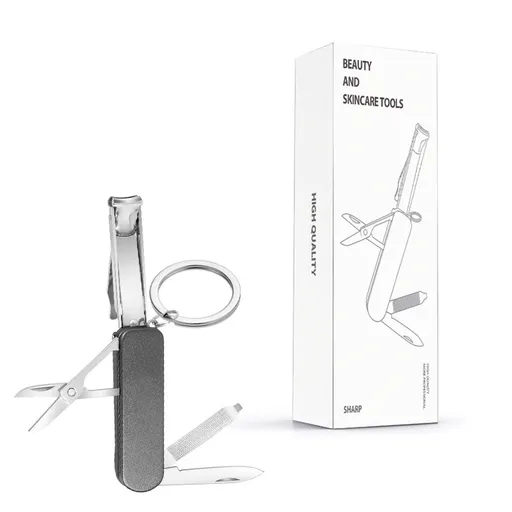2-PCS Black 5-in-1 Foldable Stainless Steel Nail Clipper Multitool Keychain with Knife Scissors and File Portable Pocket Manicure Set
