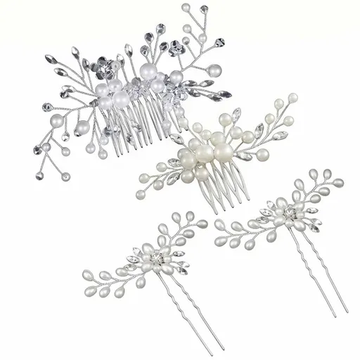 Bridal Hair Pins Set of 4, Handmade Pearl Wedding Hair Accessories with Rhinestone Floral Details Combs for Women, Elegant Bridal Hairstyle Decor for Wedding, Prom, and Formal Events