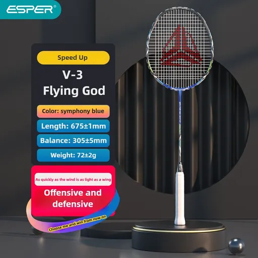 ESPER V3 Badminton Racket 72g Ultra-Light 6U Graphene Carbon All-Around Professional Match Training Durable Stylish Racket（blue)