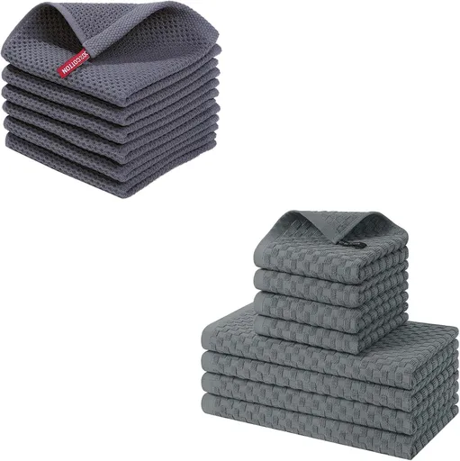 Homaxy 100% Cotton Waffle Weave Kitchen Dish Cloths, Ultra Soft Absorbent Quick Drying Dish Towels and 100% Cotton Kitchen Towels and Dishcloths Set(12 x 12 & 15 x 25 Inches, Set of 8 Bulk)