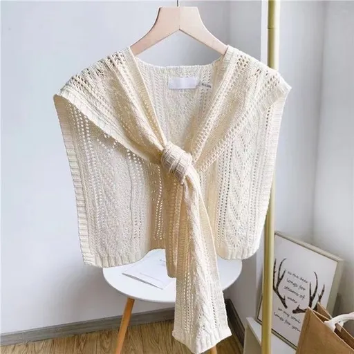 Knitted Openwork Shoulder Dress - Lightweight Cardigan & Scarf in One - Solid Color Goes With Everything - White