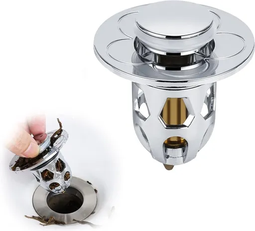 Universal Sink Stopper - Pop-Up Washbasin Stopper - Washbasin Drain Plug - Drain Stopper - Drain Strainer - Hair Catcher - Washbasin - Drain Plugs - Washbasins - Bathroom / Kitchen - Anti-Hair - Chrome - For 34-40 mm