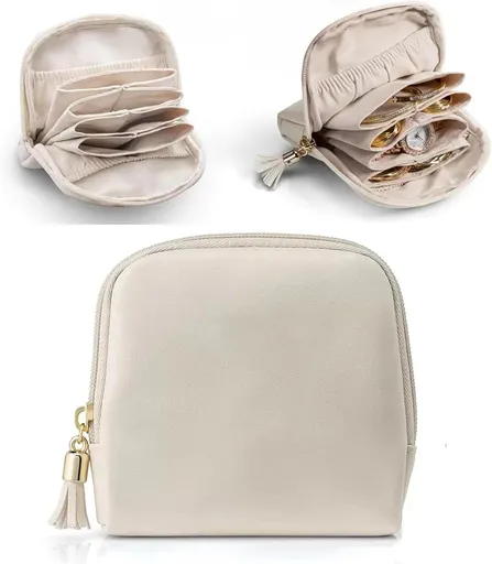 Leather Jewelry Organizer Pouch with Compartments, Travel Jewelry Case Portable Small Box for Necklace Bracelet Earring (Beige)